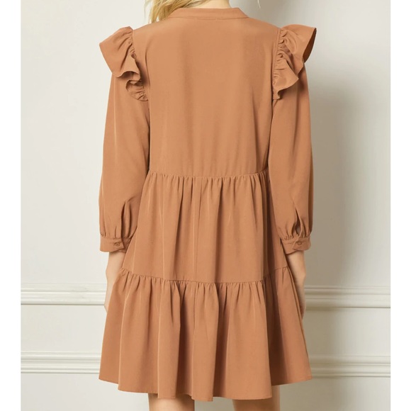 🆕 Ruffled Long Sleeve Tiered Dress in Camel - Picture 4 of 8